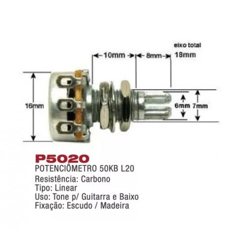 Potenciômetro Linear 50kb L20 P/ Guitarra e Baixo